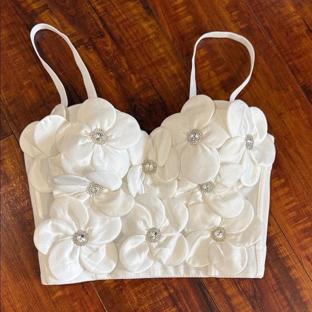 Ivory Satin 3D Floral Rhinestone Front Corset Bustier Crop Top